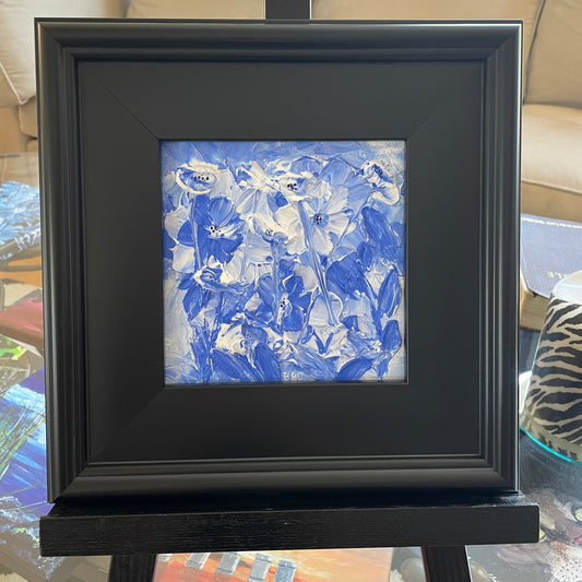 Abstract Blue Wildflowers Original Painting Very Thick Impasto Technique Frame Included