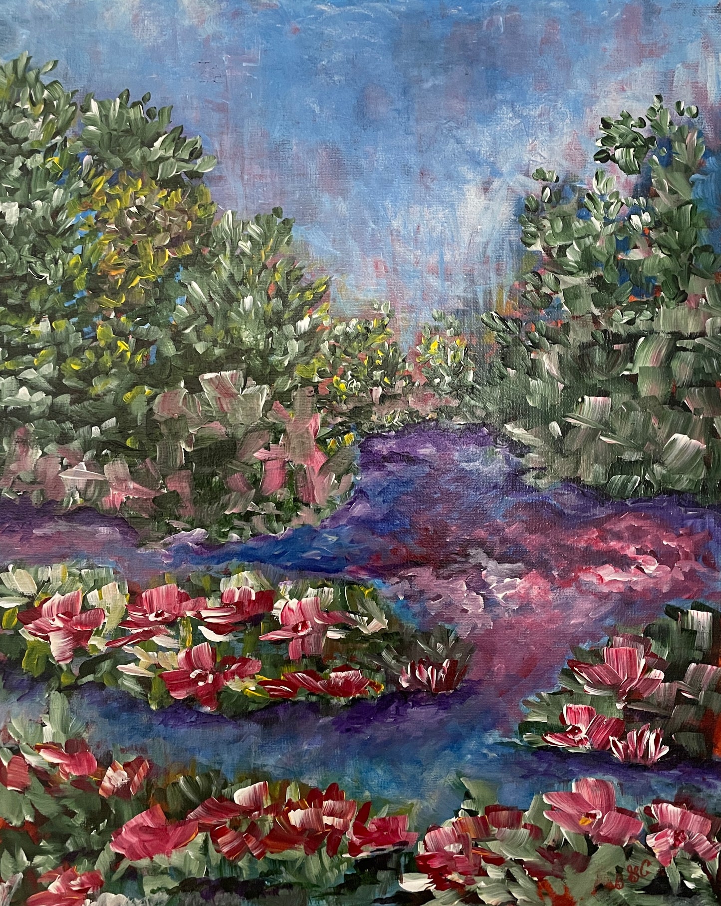 Flowers Water Pond River Hand Painted Original by Brenda Gadow Clark