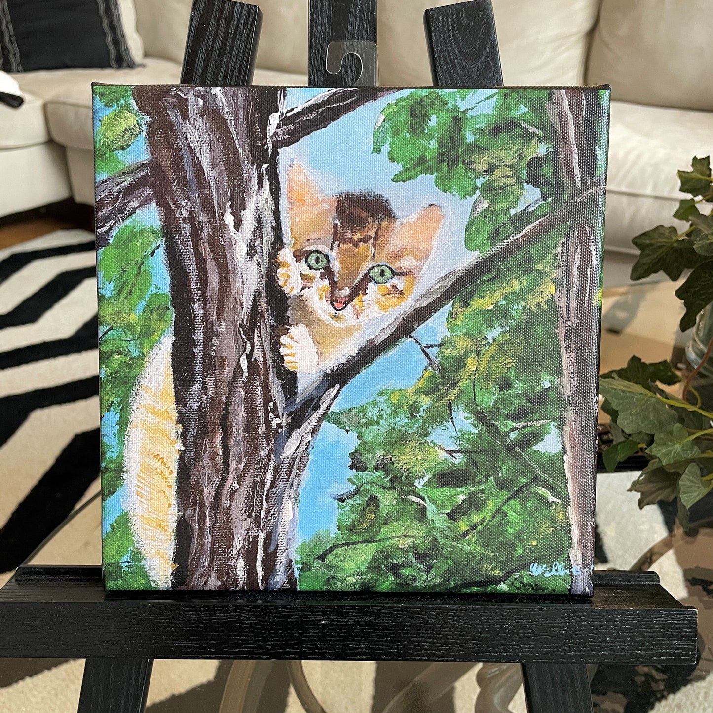 Kitten Cat in Tree Canvas Print of Original Painting in Frame