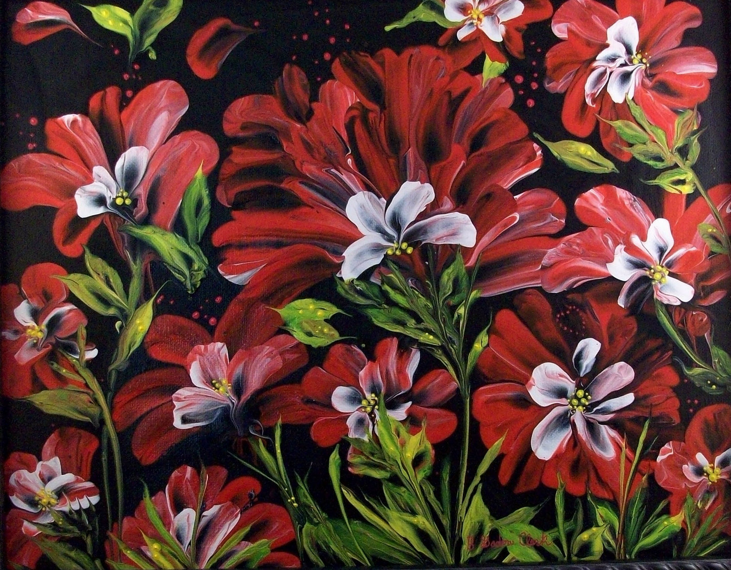 Red Flowers with Tiny Heart Original Painting in Frame
