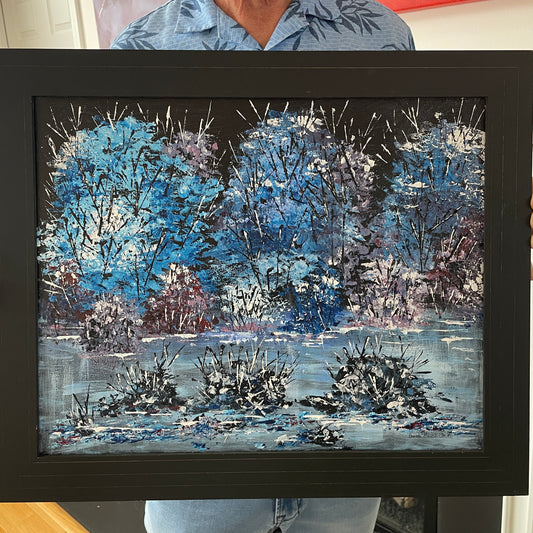 Icy Blue Trees and Pond Original Painting in Frame