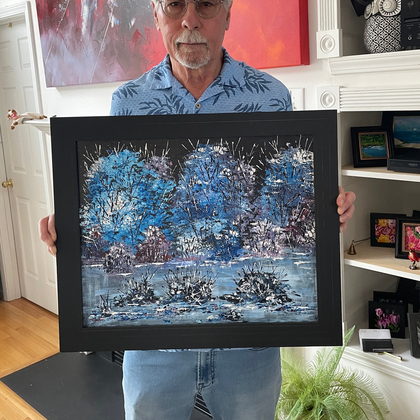 Icy Blue Trees and Pond Original Painting in Frame