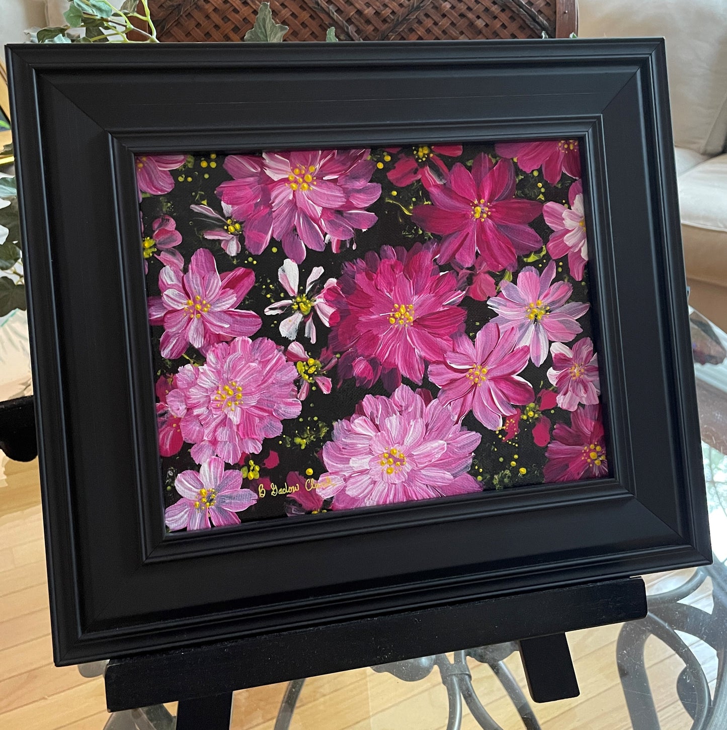 Pink Wildflowers with Black Original Painting by Brenda Gadow Clark