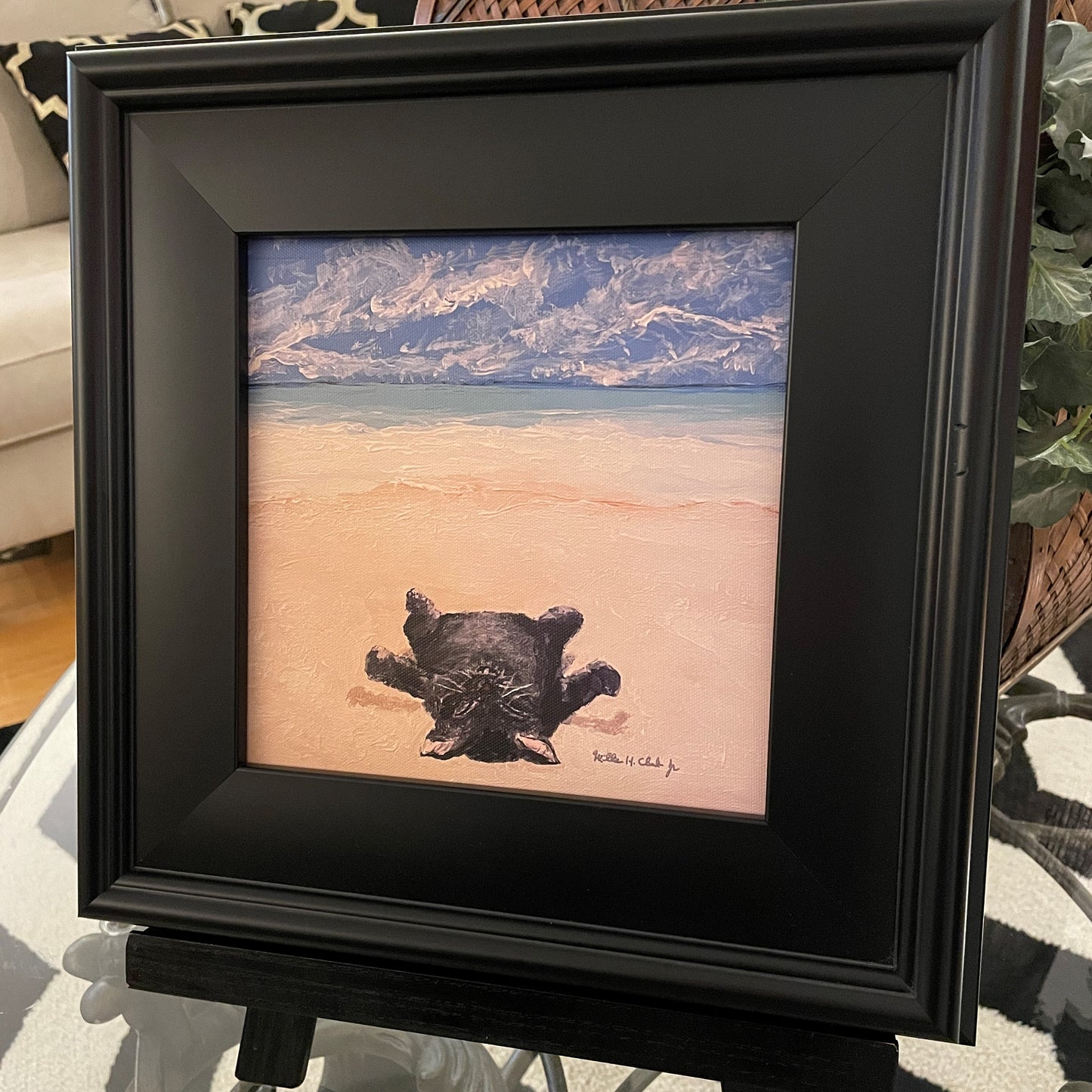 Black Cat on Beach Ocean Bay in Sand Canvas Print of Original Painting