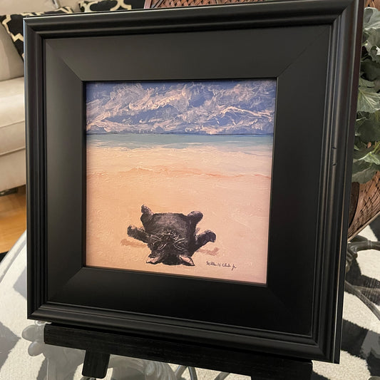 Black Cat on Beach Ocean Bay in Sand Canvas Print of Original Painting