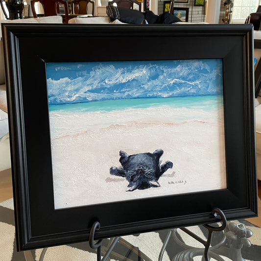 Black Kitten Cat Sunbathing on Beach Original Painting