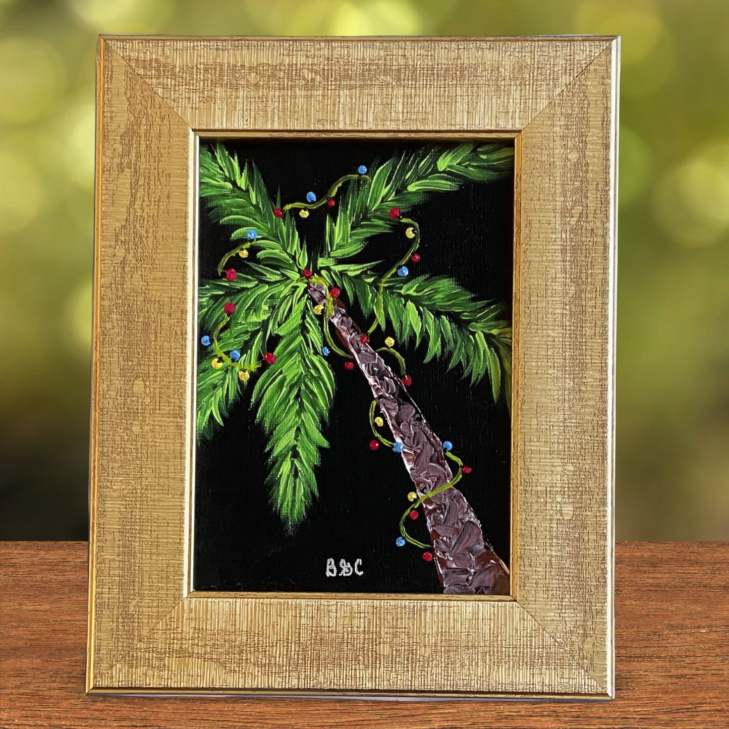 Original Painting of Palm Tree with Christmas Lights in frame