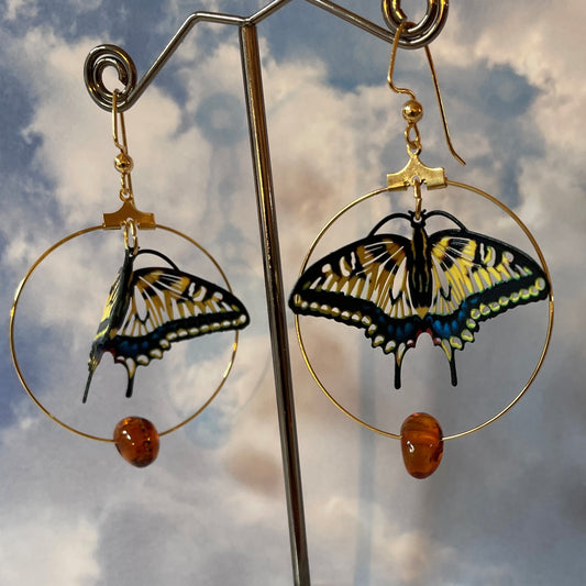 Yellow Swallowtail Butterfly Earrings with Real Amber from Syberia Russia