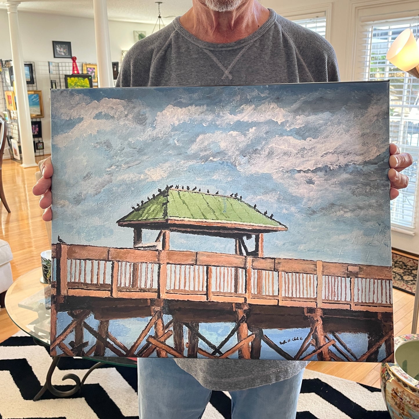 Old Folly Beach Pier in South Carolina Canvas Print of Original Painting in Frame