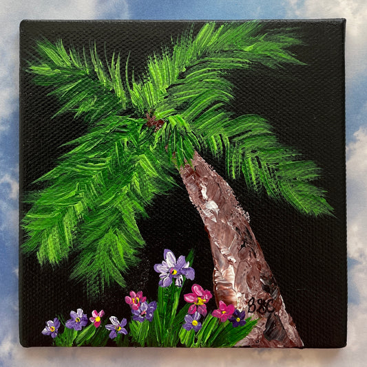 Original Painting of a Palm Tree with Colorful Flowers in California