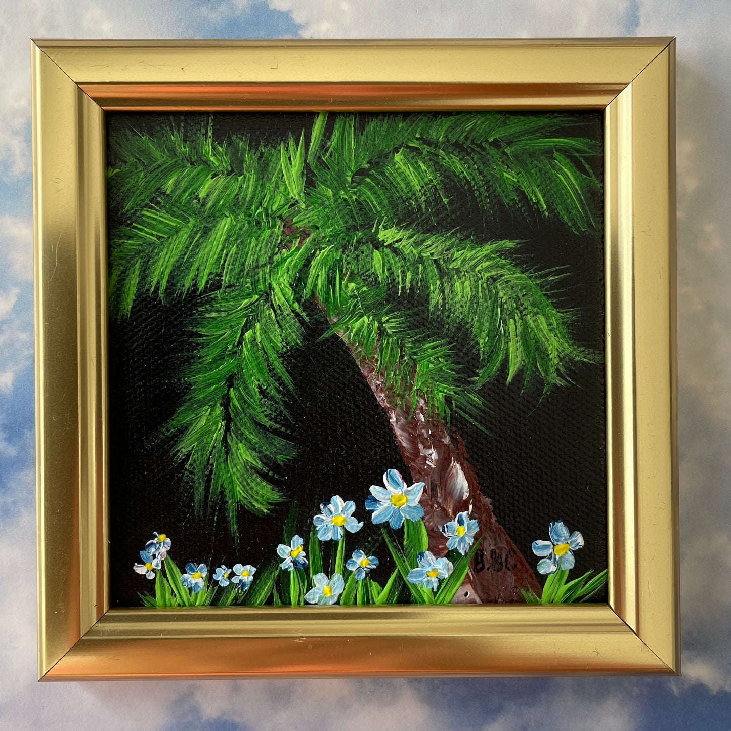 Original Painting of a Palm Tree with Blue Flowers in Hawaii