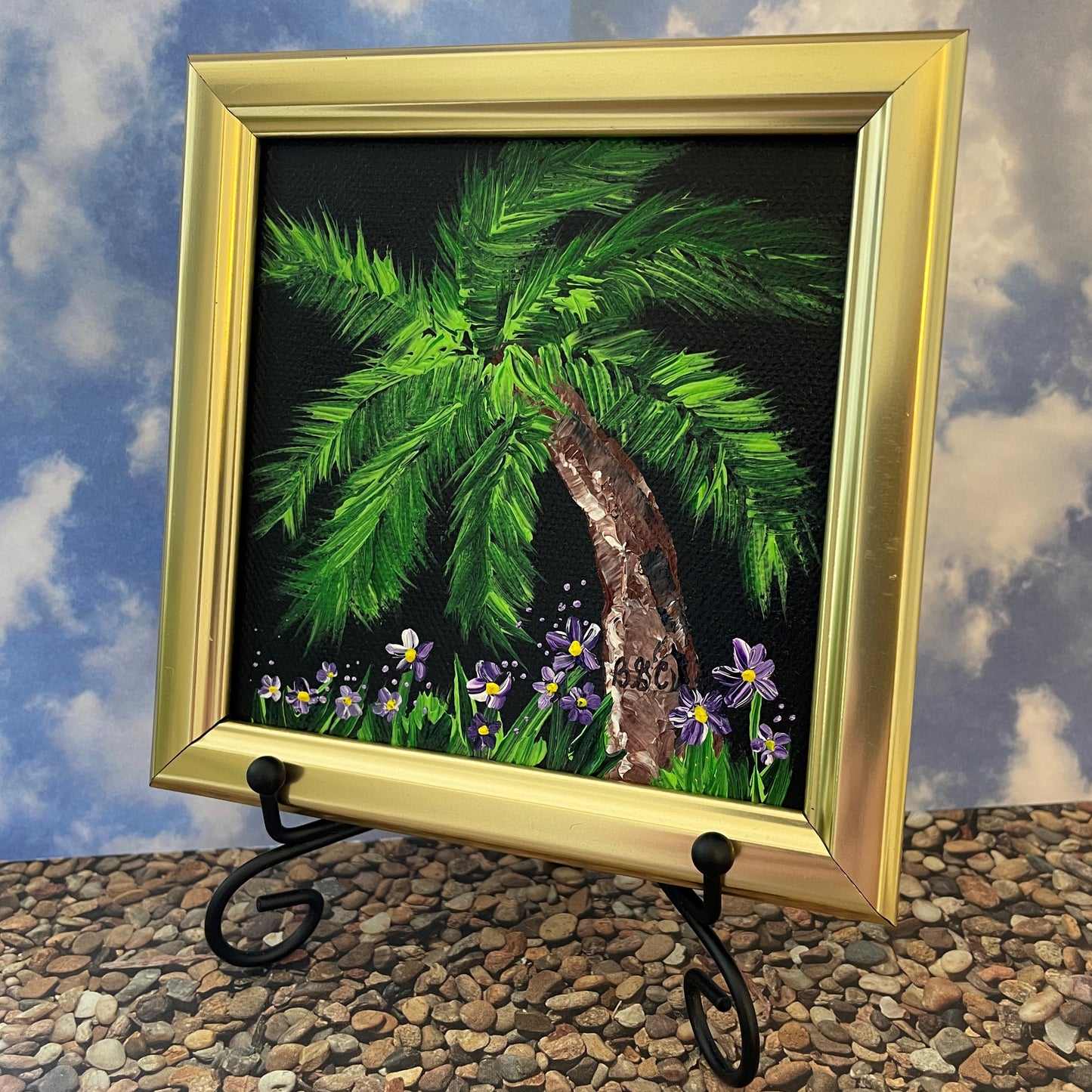 Original Painting of a Palm Tree with Purple Flowers in South Carolina