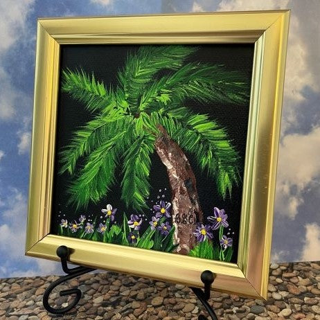 Original Painting of a Palm Tree with Purple Flowers in South Carolina