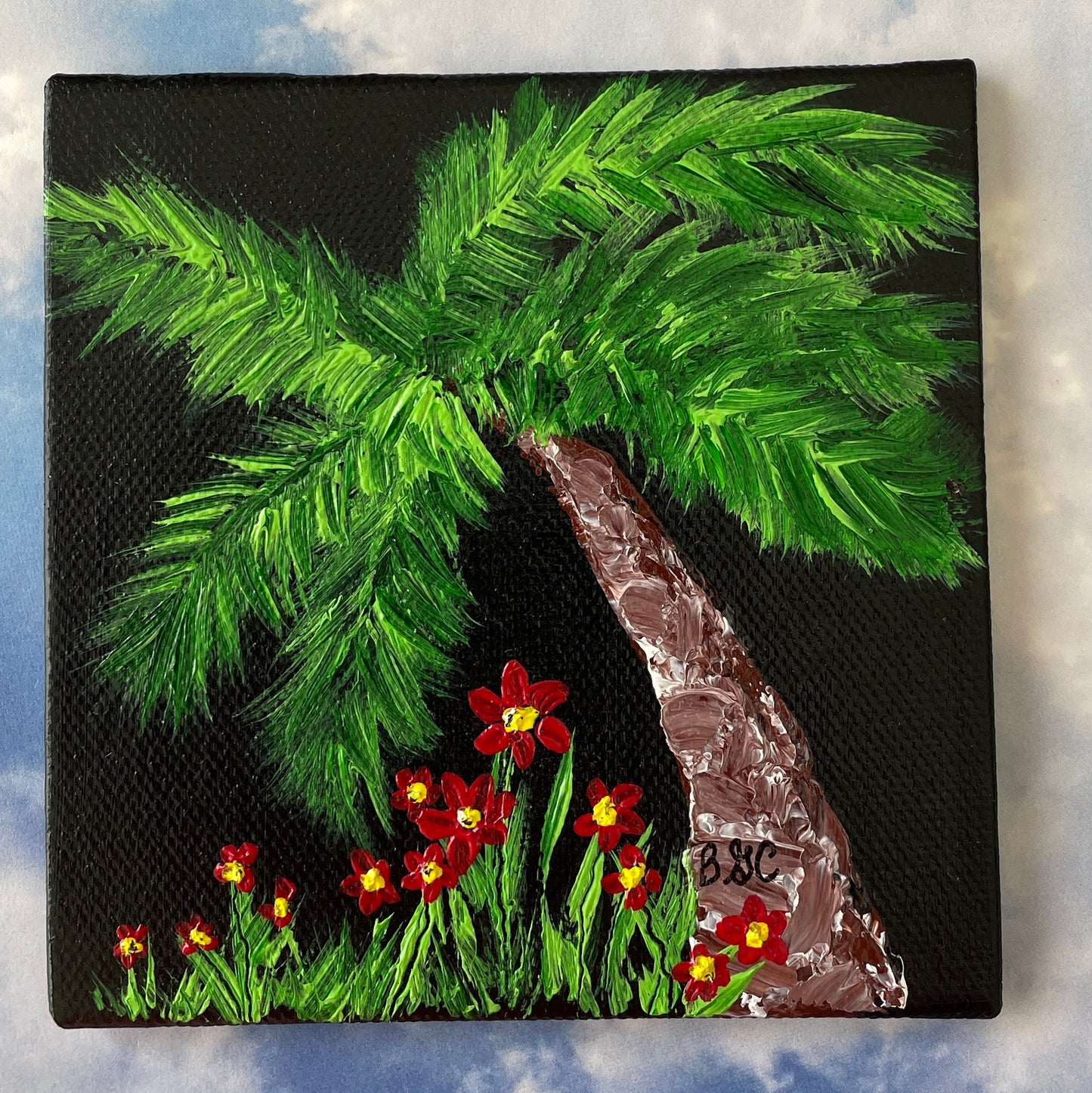 Original Painting of a Palm Tree with Red Flowers by Brenda