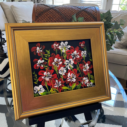 Red and White Wildflowers Original Painting in Frame
