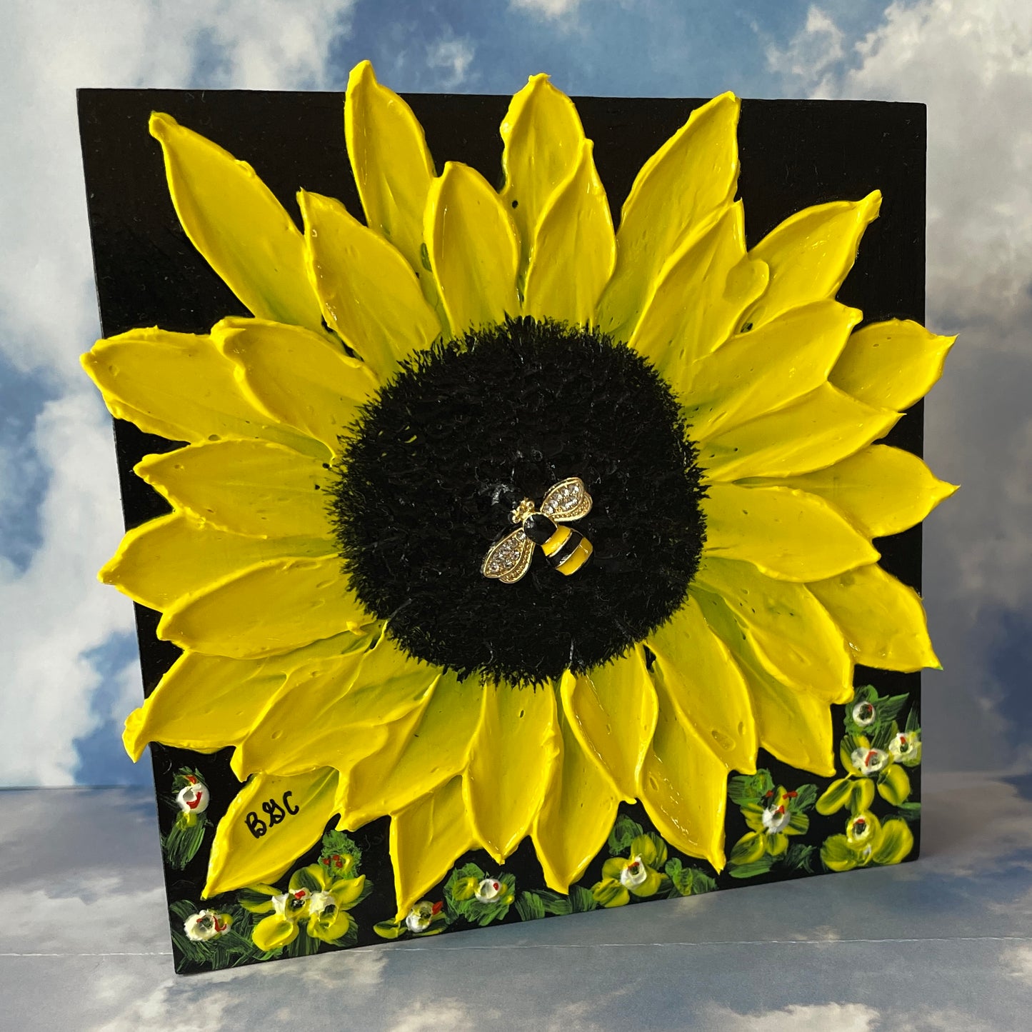 Sunflower with Bumbleebee Original Impasto Painting by Brenda Gadow Clark