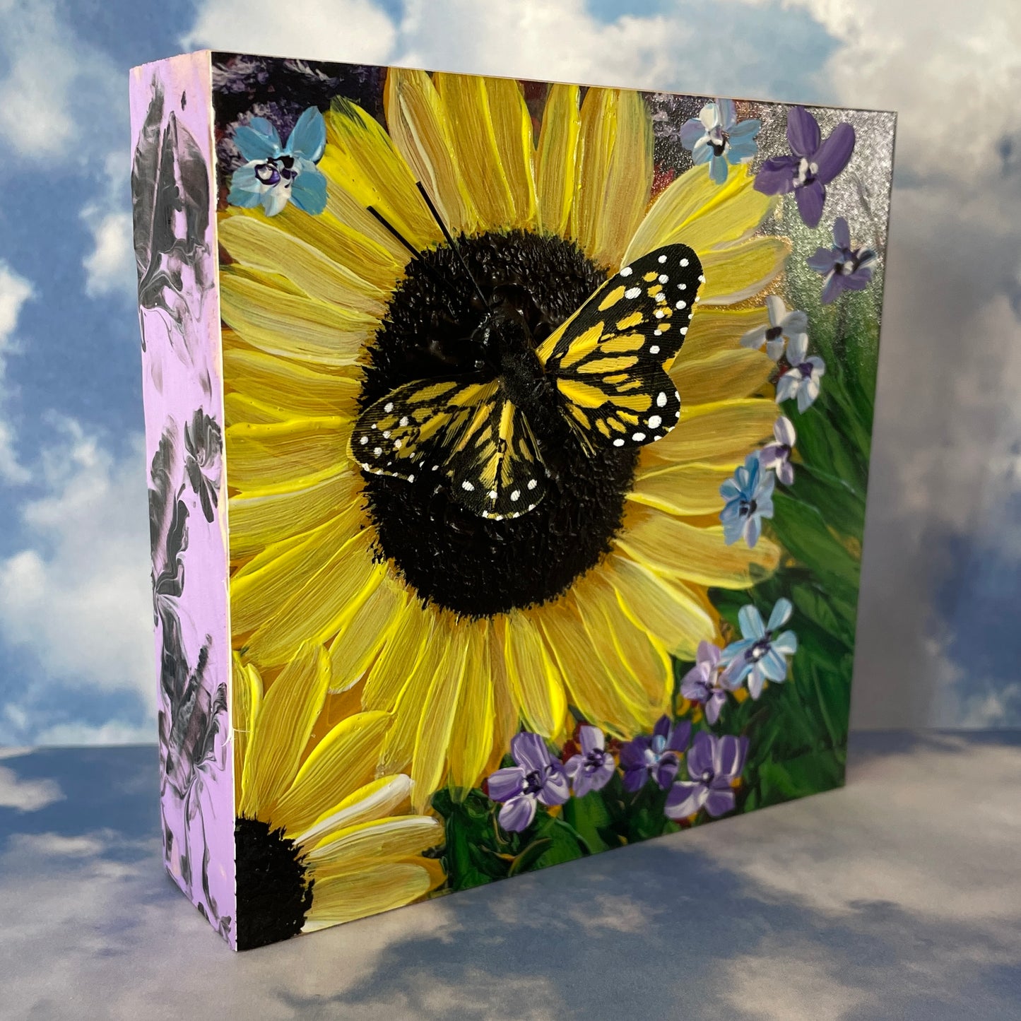 Sunflowers with Butterfly Mixed Media Painting by Brenda Gadow Clark