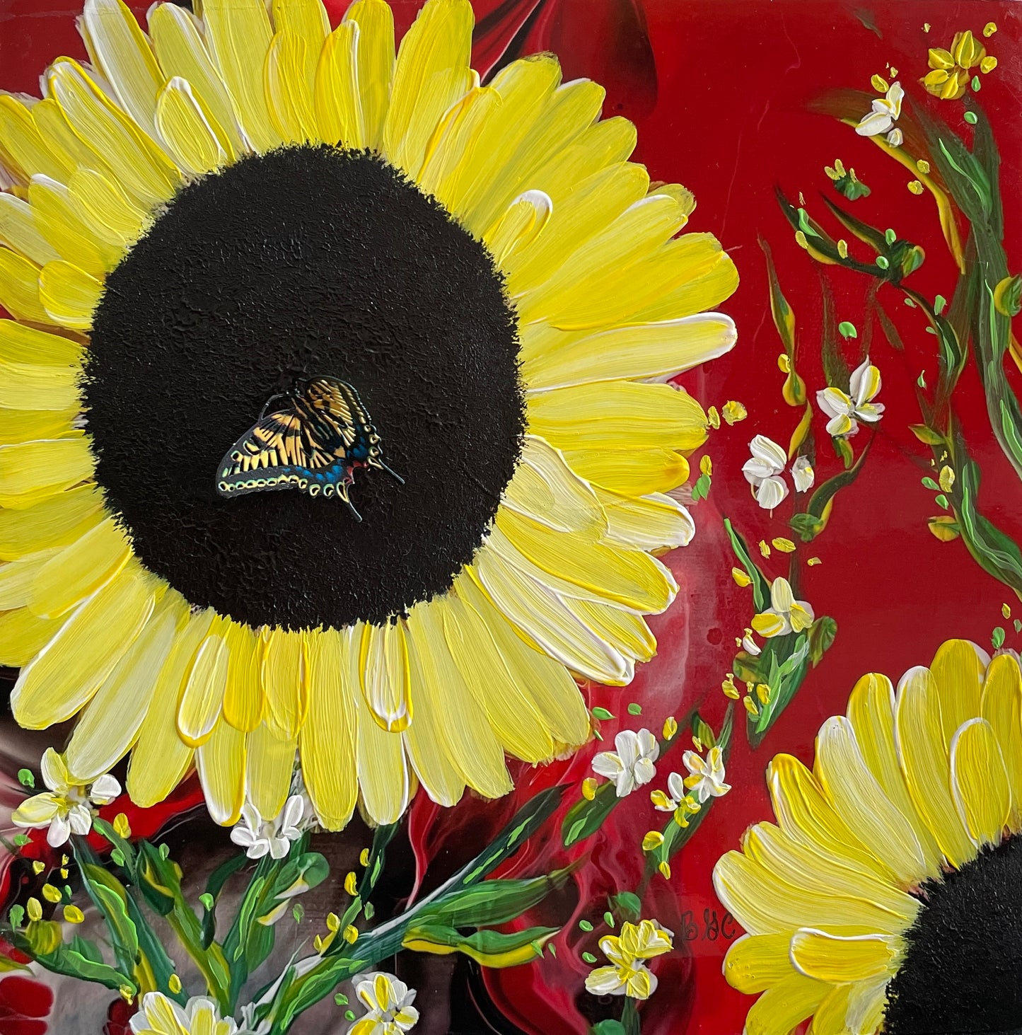 Sunflowers with Red Embellished Giclee of Original Painting by Brenda Gadow Clark