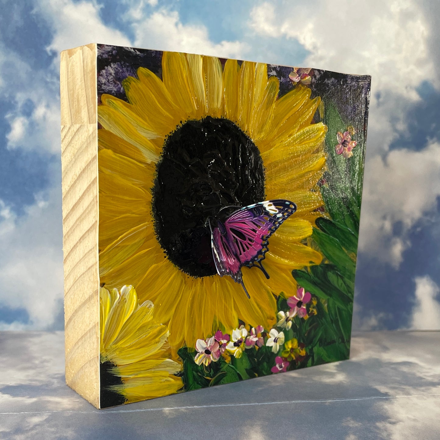 Sunflowers with Butterfly Painting by Brenda Gadow Clark Mixed Media