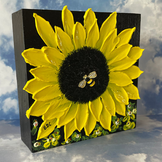 Sunflower with Bumbleebee Original Impasto Painting by Brenda Gadow Clark