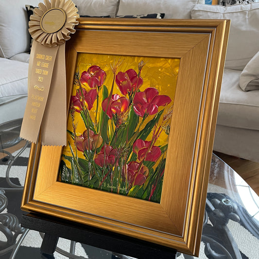 Original Impasto Painting of Abstract Tulips in Frame