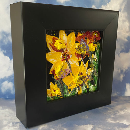 Yellow Flowers Original Painting in Frame Thick Impasto Painting